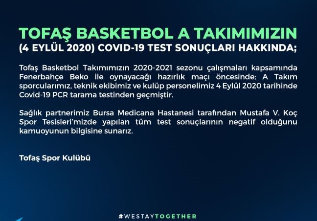 TOFAŞ BASKETBOL A TAKIMI (4 EYLÜL 2020) COVID-19 TEST SONUÇLARI HAKKINDA BİLGİLENDİRME