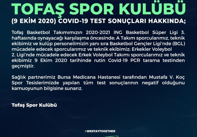 TOFAŞ SPOR KULÜBÜ (9 EKİM 2020) COVID-19 TEST SONUÇLARI HAKKINDA BİLGİLENDİRME